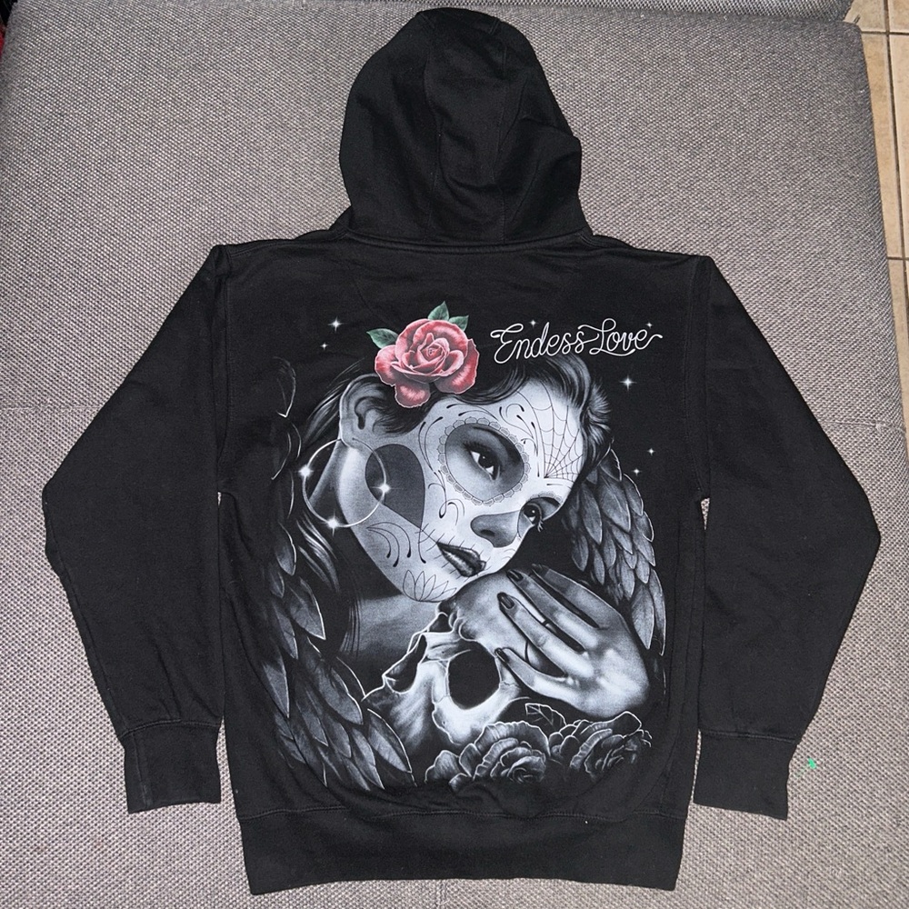 Y2K Black Hoodie with Skull and Rose Design